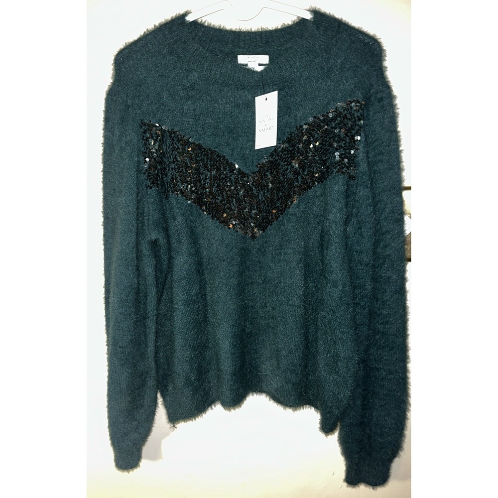 Nine West x Cara Santana Sweater Women Teal Green Sequin Fuzzy Pullover Size XL‎